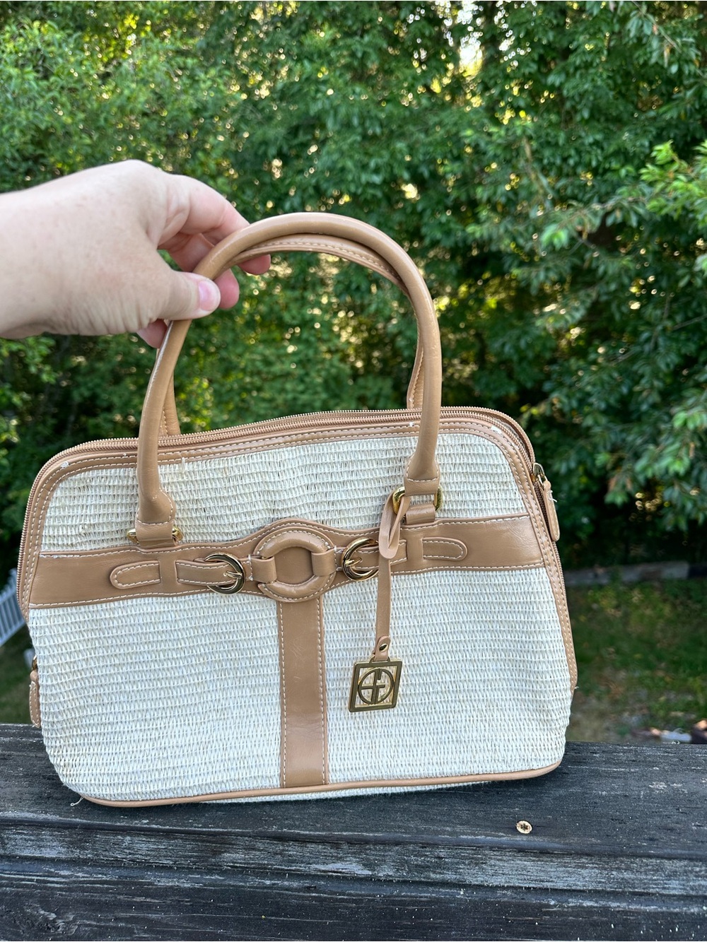 Woven Straw Tote Handbag with Tan Leather Trim